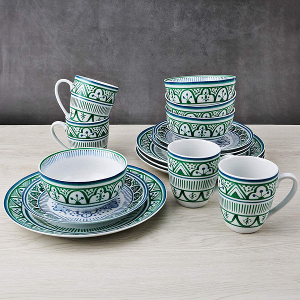 Bungalow Rose 16 Piece Round Dinnerware Sets, Green Moroccan Bazaar
